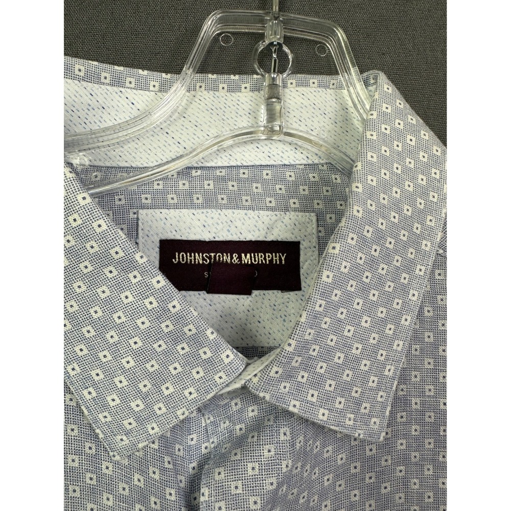 Johnston Murphy Men Short Sleeve Button Down Shirt Blue Micro Dot Pattern Size L